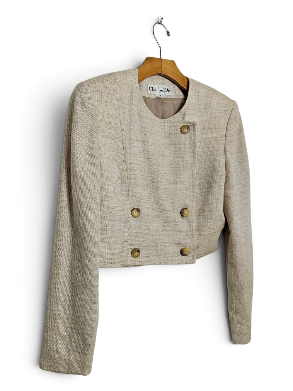 Vintage Christian Dior Jacket Sz 8 Cropped Double-Breasted Collarless Beige Tan